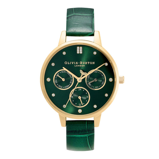 Olivia Burton Multifunction 34mm Gold & Forest Green Leather Strap Watch