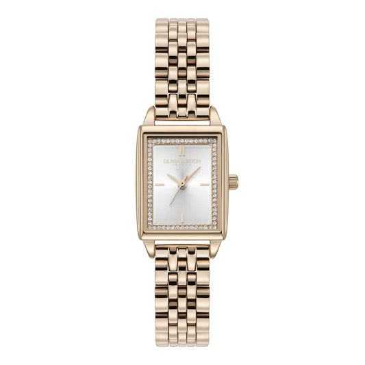 Olivia Burton Townhouse 21mm Rectangle White & Carnation Gold Bracelet Watch