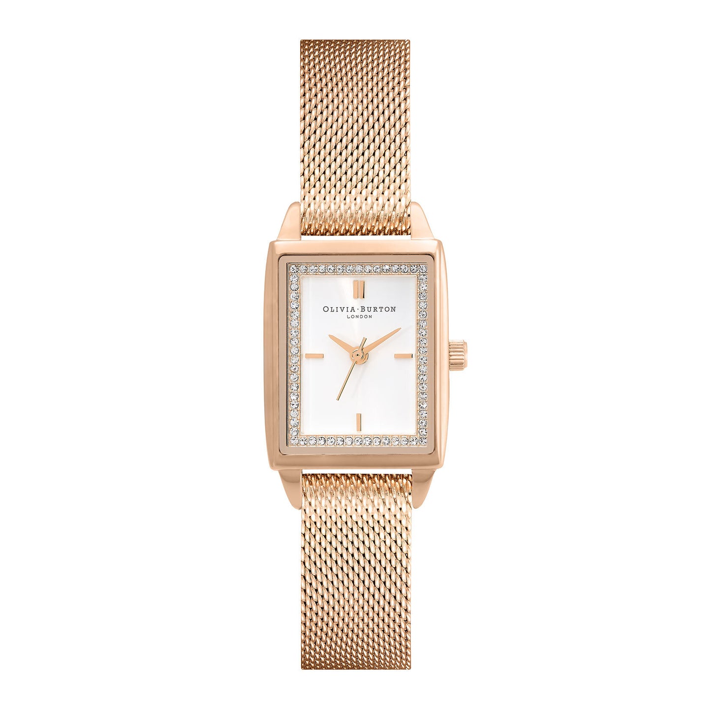 Olivia Burton Townhouse 21mm Rectangle White & Carnation Gold Mesh Watch