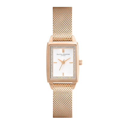 Olivia Burton Townhouse 21mm Rectangle White & Carnation Gold Mesh Watch