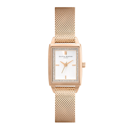 Olivia Burton Townhouse 21mm Rectangle White & Carnation Gold Mesh Watch
