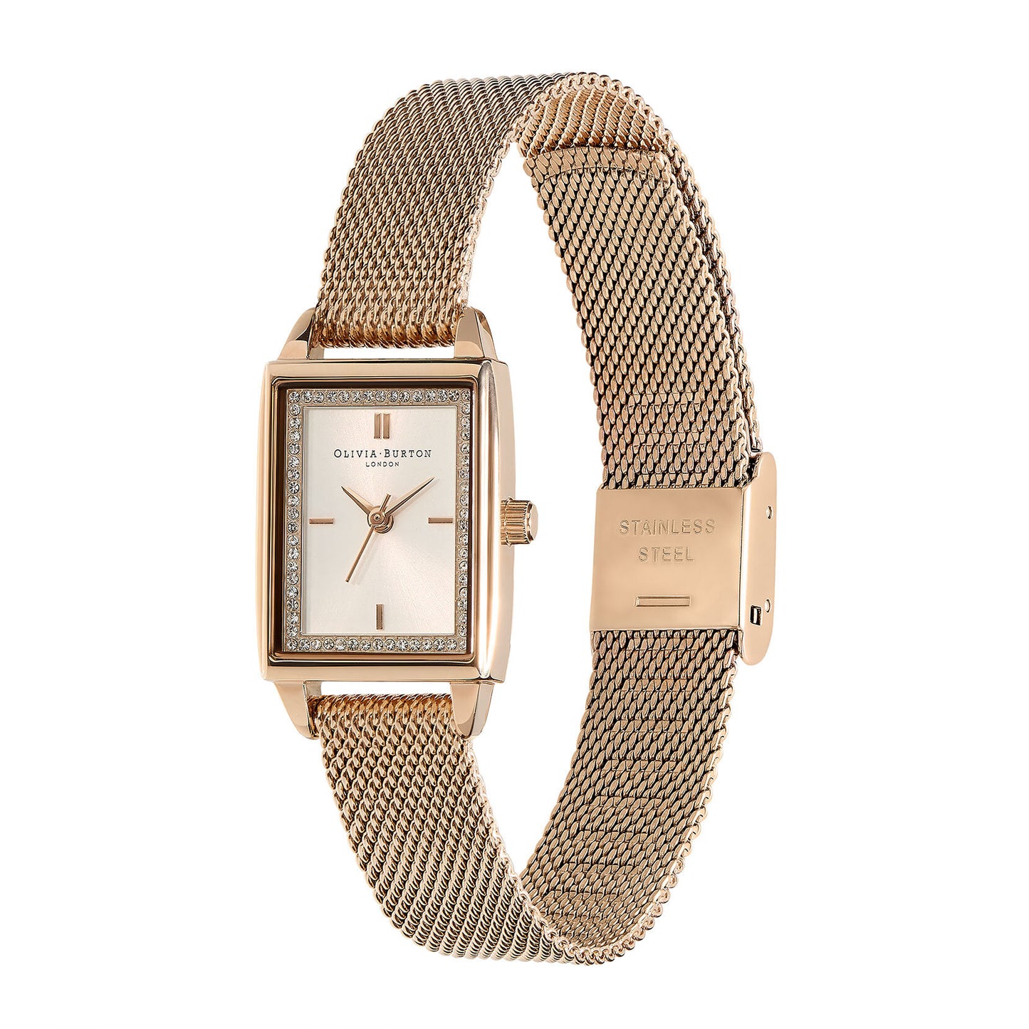 Olivia Burton Townhouse 21mm Rectangle White & Carnation Gold Mesh Watch