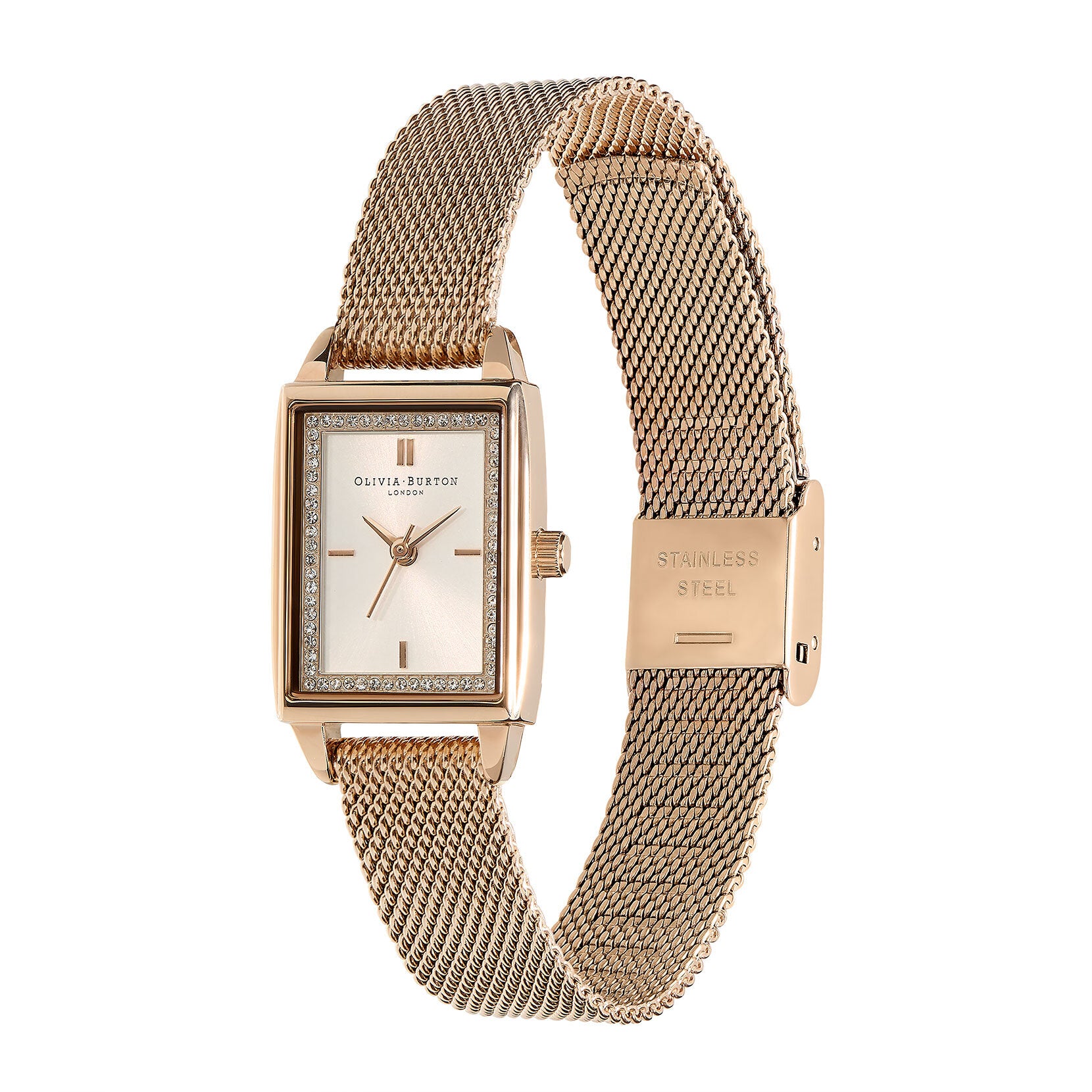 Olivia Burton Townhouse 21mm Rectangle White & Carnation Gold Mesh Watch