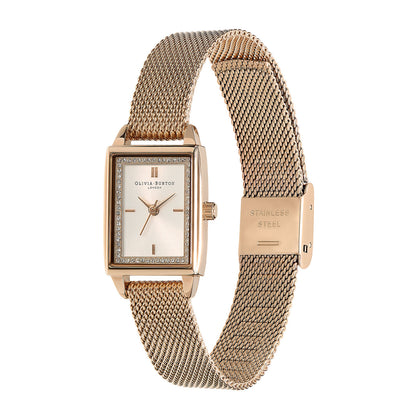 Olivia Burton Townhouse 21mm Rectangle White & Carnation Gold Mesh Watch