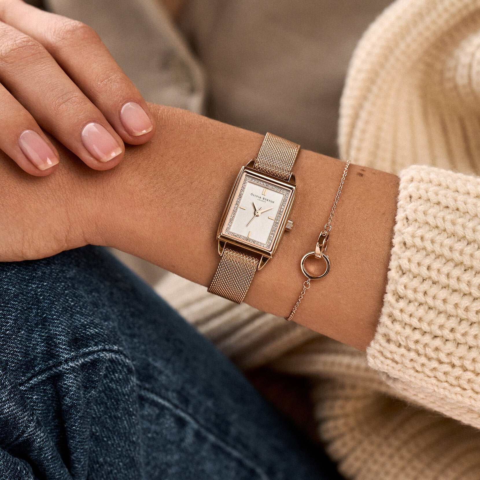 Olivia Burton Townhouse 21mm Rectangle White & Carnation Gold Mesh Watch