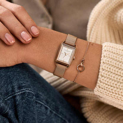 Olivia Burton Townhouse 21mm Rectangle White & Carnation Gold Mesh Watch