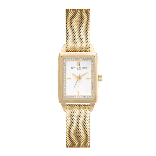 Olivia Burton Townhouse 21mm Rectangle White & Gold Mesh Watch