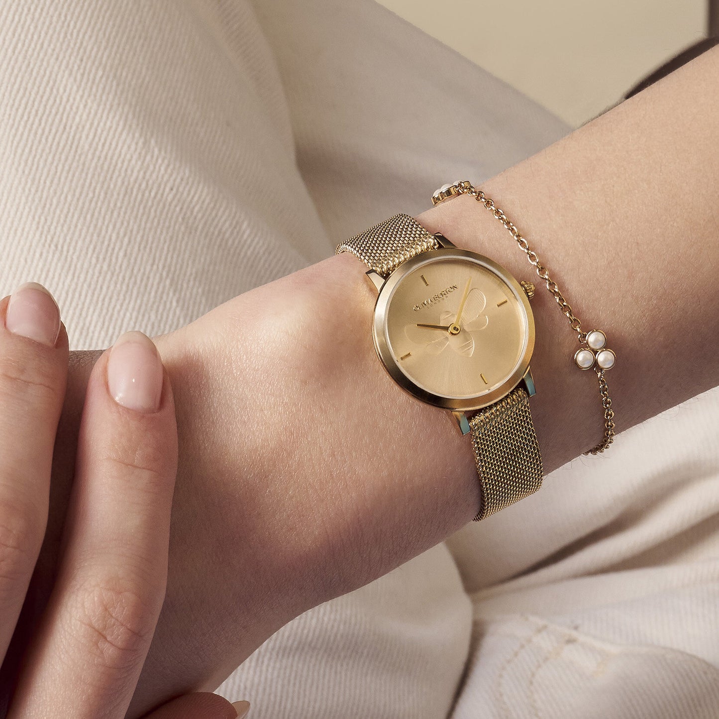 Olivia Burton Signature 28mm Bee Ultra Slim Gold Mesh Watch