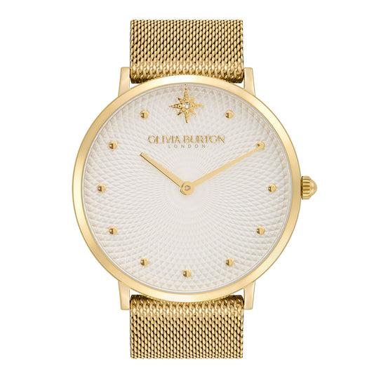 Olivia Burton Celestial 40mm Ultra Slim Metallic White & Gold Mesh Watch