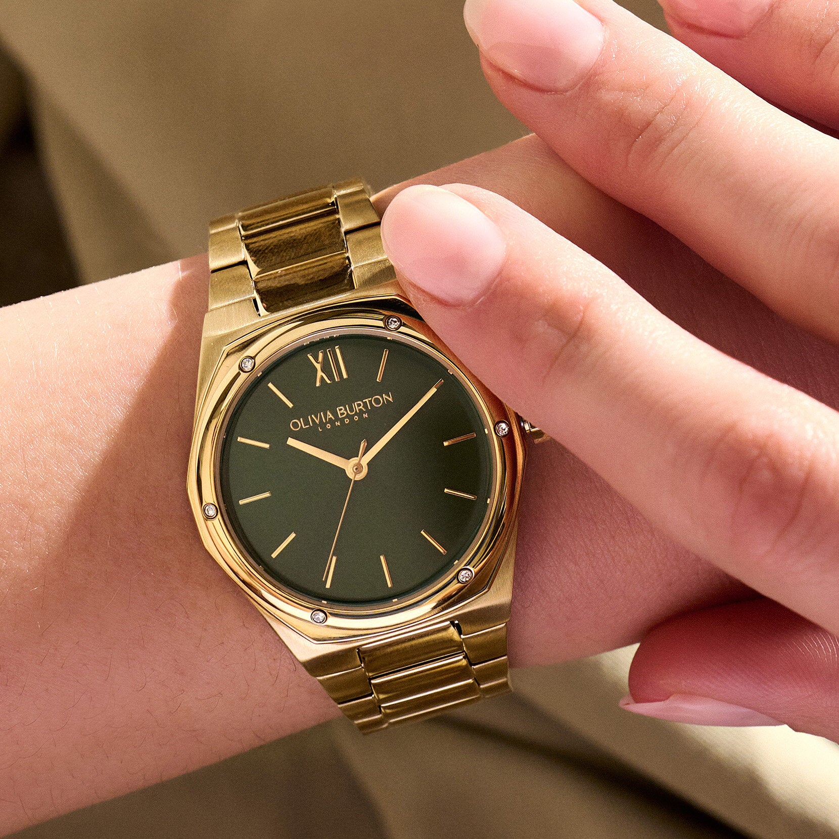 Olivia Burton Sports Luxe 33mm Hexa Green & Gold Bracelet Watch