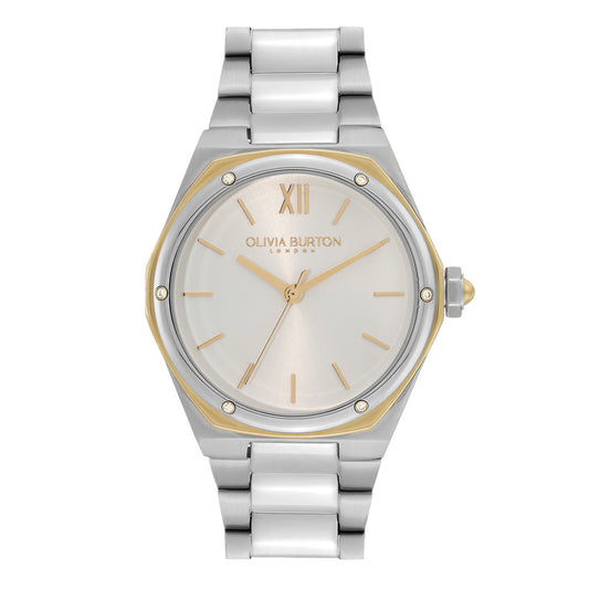 Olivia Burton Sports Luxe 33mm Hexa White, Gold & Silver Bracelet Watch