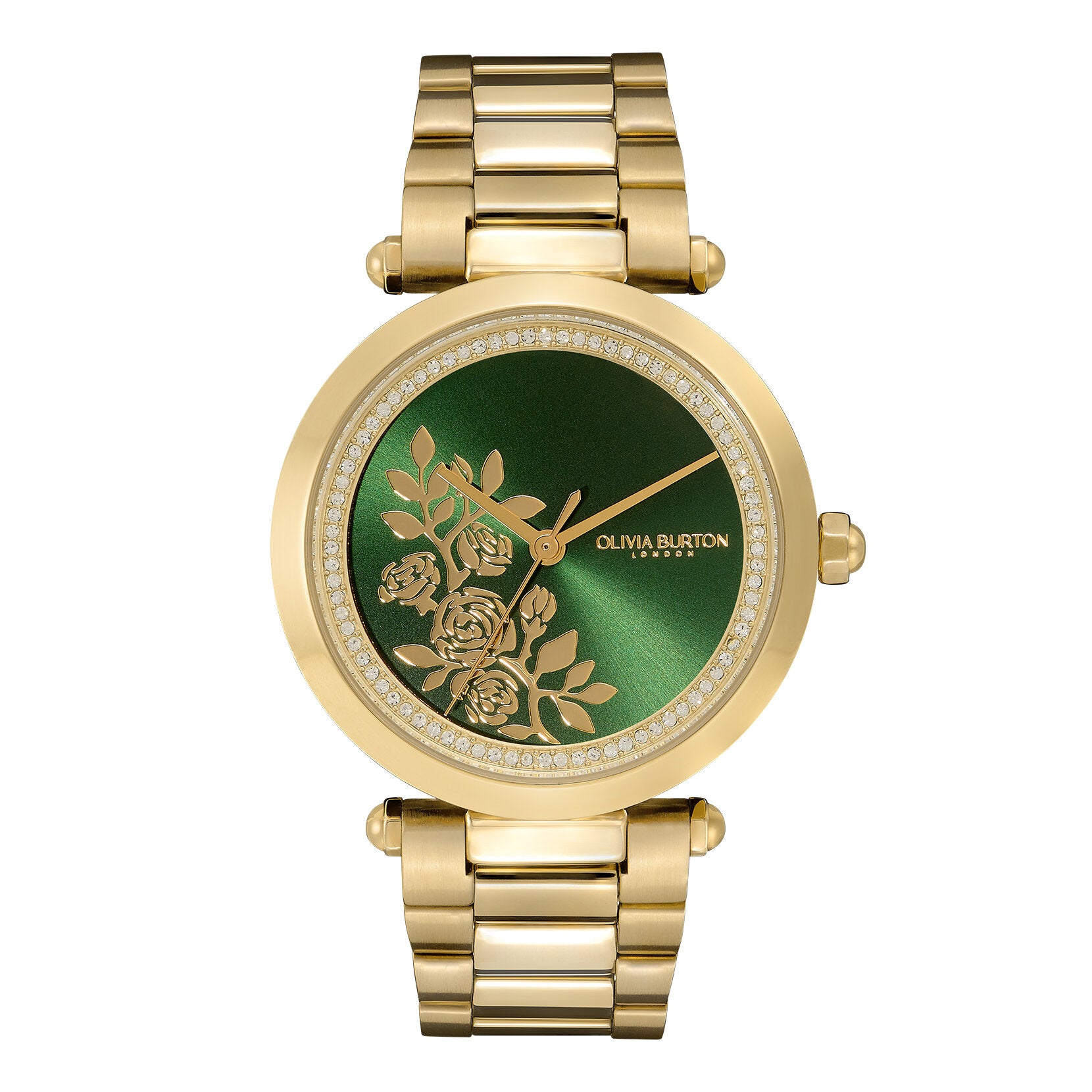 Olivia Burton Signature 34mm Floral T-Bar Green & Gold Bracelet Watch
