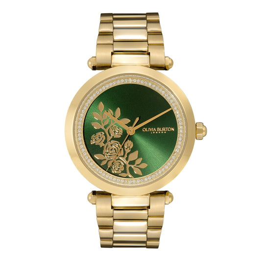 Olivia Burton Signature 34mm Floral T-Bar Green & Gold Bracelet Watch
