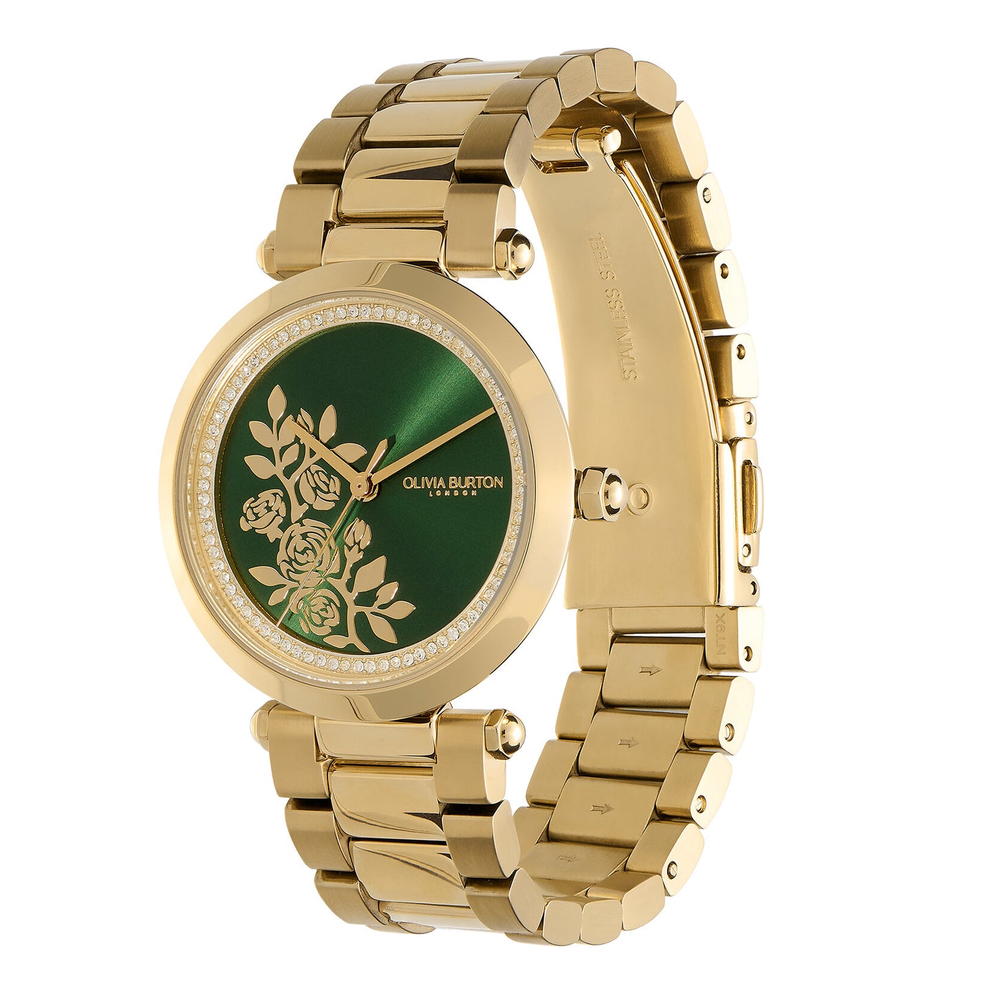 Olivia Burton Signature 34mm Floral T-Bar Green & Gold Bracelet Watch