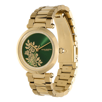 Olivia Burton Signature 34mm Floral T-Bar Green & Gold Bracelet Watch