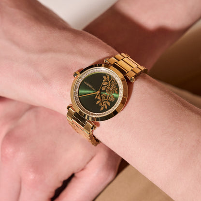 Olivia Burton Signature 34mm Floral T-Bar Green & Gold Bracelet Watch