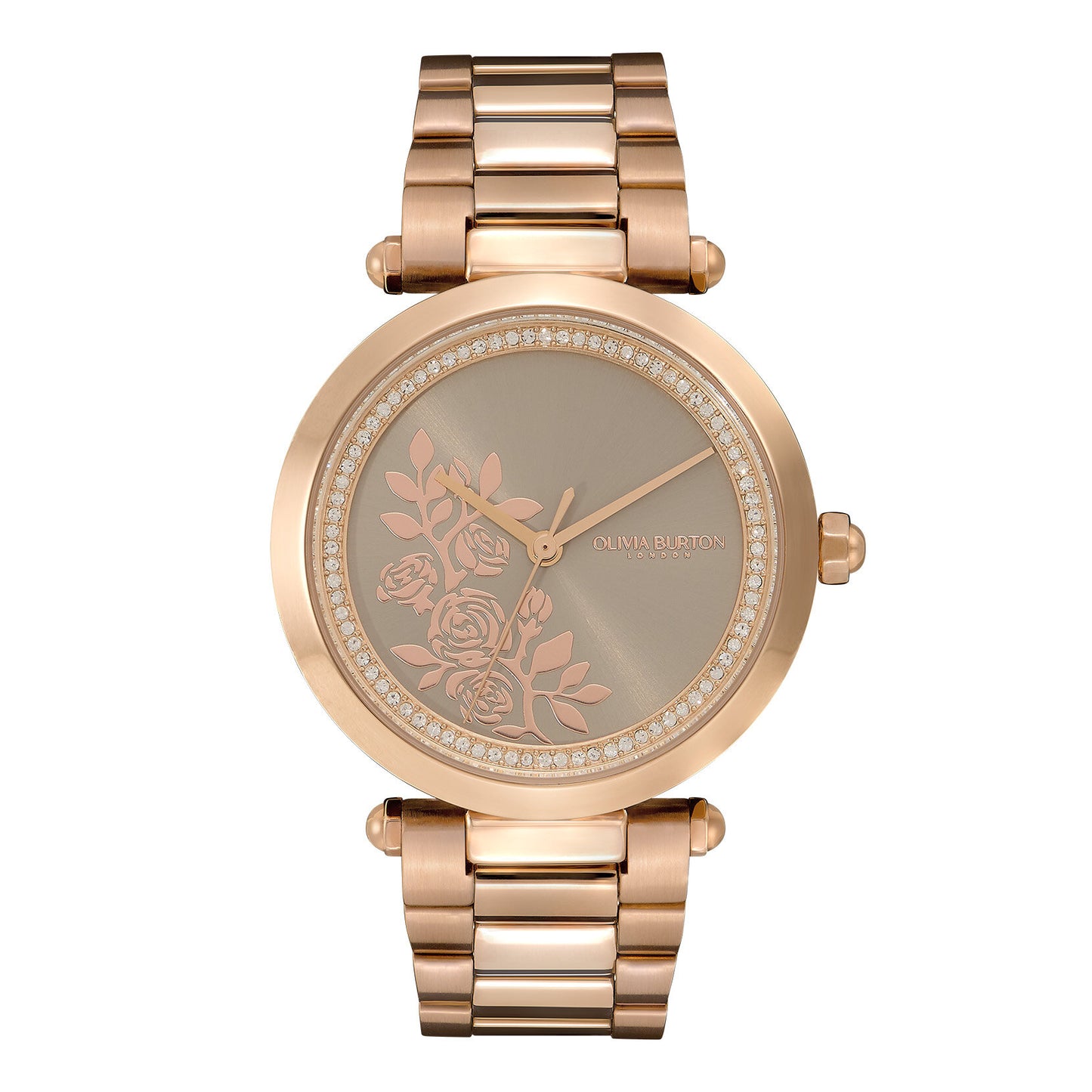 Olivia Burton Signature 34mm Floral T-Bar Grey & Carnation Gold Bracelet Watch