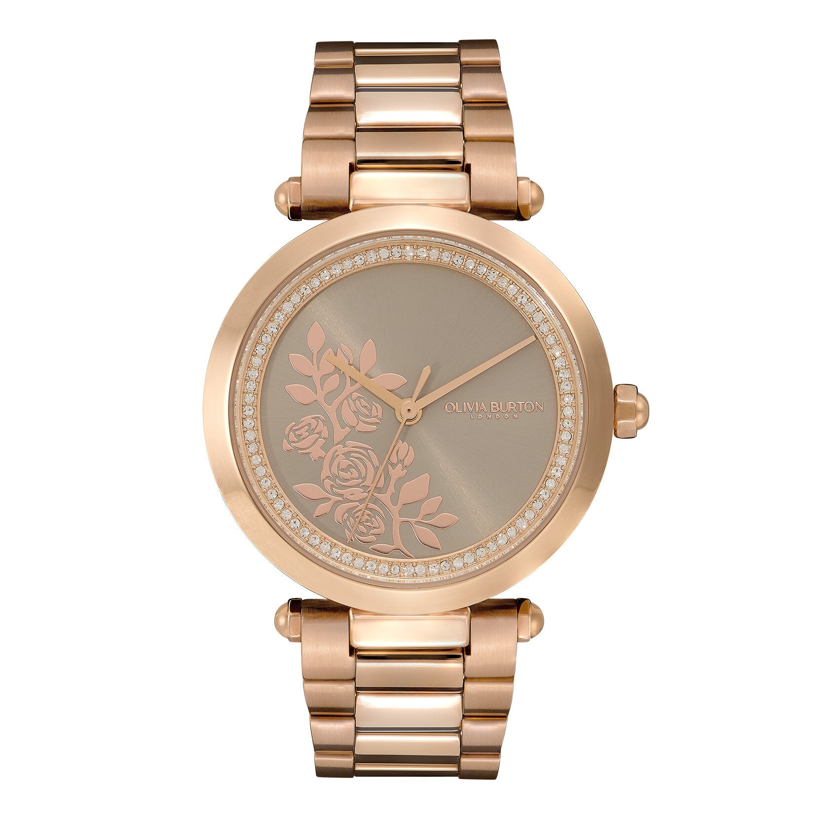 Olivia Burton Signature 34mm Floral T-Bar Grey & Carnation Gold Bracelet Watch