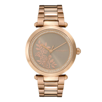 Olivia Burton Signature 34mm Floral T-Bar Grey & Carnation Gold Bracelet Watch
