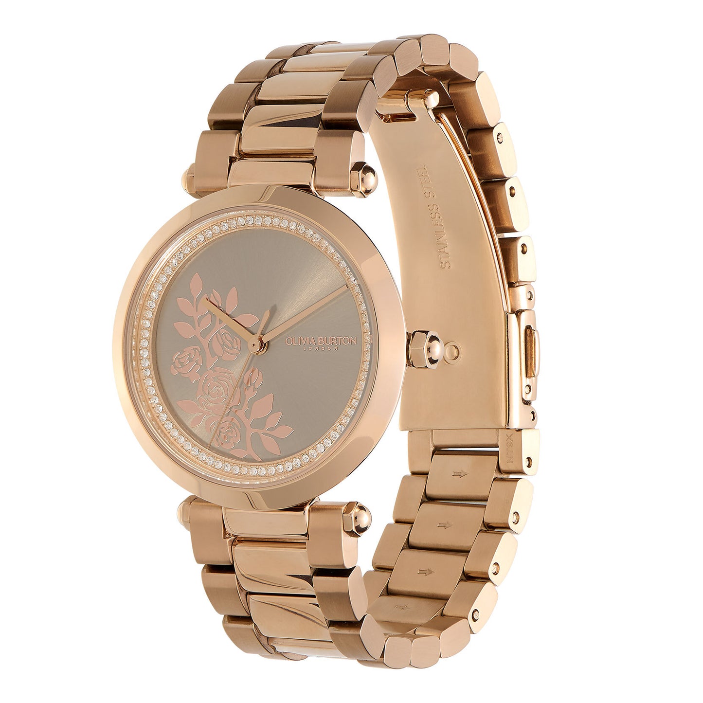 Olivia Burton Signature 34mm Floral T-Bar Grey & Carnation Gold Bracelet Watch