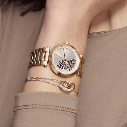 Olivia Burton Signature 34mm Floral T-Bar Grey & Carnation Gold Bracelet Watch