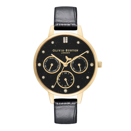 Olivia Burton Multifunction 34mm Gold & Black Leather Strap Watch