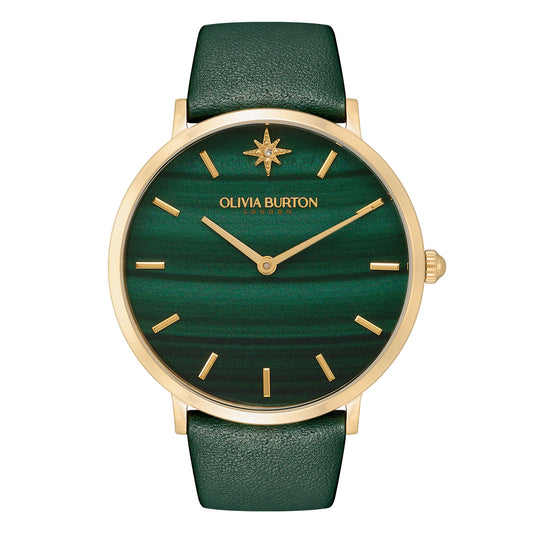 Olivia Burton Celestial 40mm Faux Malachite, Gold & Green Leather Strap Watch