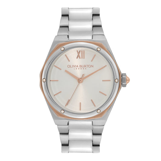 Olivia Burton Sports Luxe 33mm Hexa White, Carnation Gold & Silver Bracelet Watch