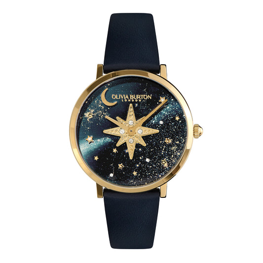 Olivia Burton Celestial 35mm Nova Slim Gold & Sapphire Blue Leather Strap Watch