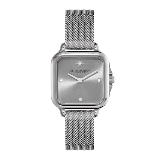 Olivia Burton Classic 28mm Grosvenor Light Grey & Silver Mesh Watch