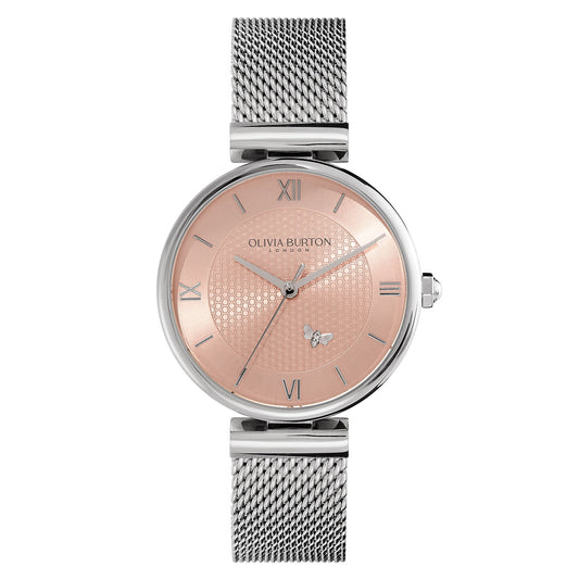 Olivia Burton Signature 36mm Minima Bee T-Bar Blush & Silver Mesh Watch