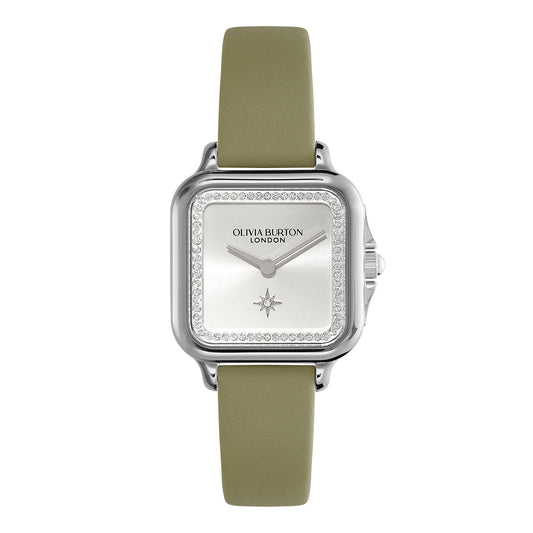 Olivia Burton Classic 28mm Grosvenor Silver & Sage Green Leather Strap Watch