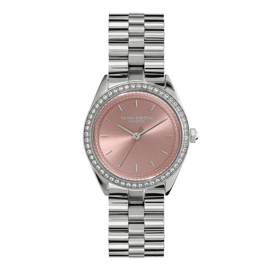 Olivia Burton Sports Luxe 34mm Bejewelled Mellow Rose & Silver Bracelet Watch