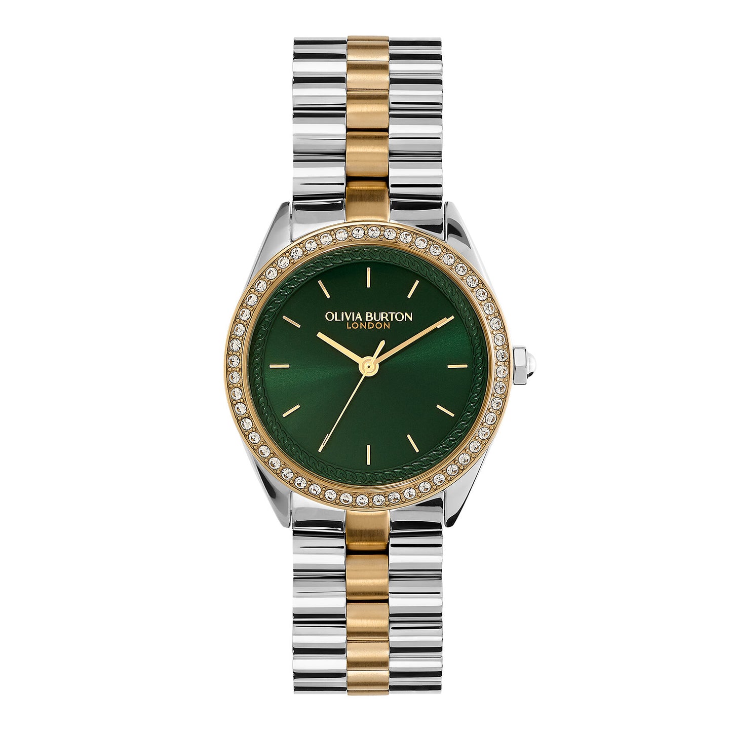 Olivia Burton Sports Luxe 34mm Bejewelled Forest Green & Two Tone Bracelet Watch
