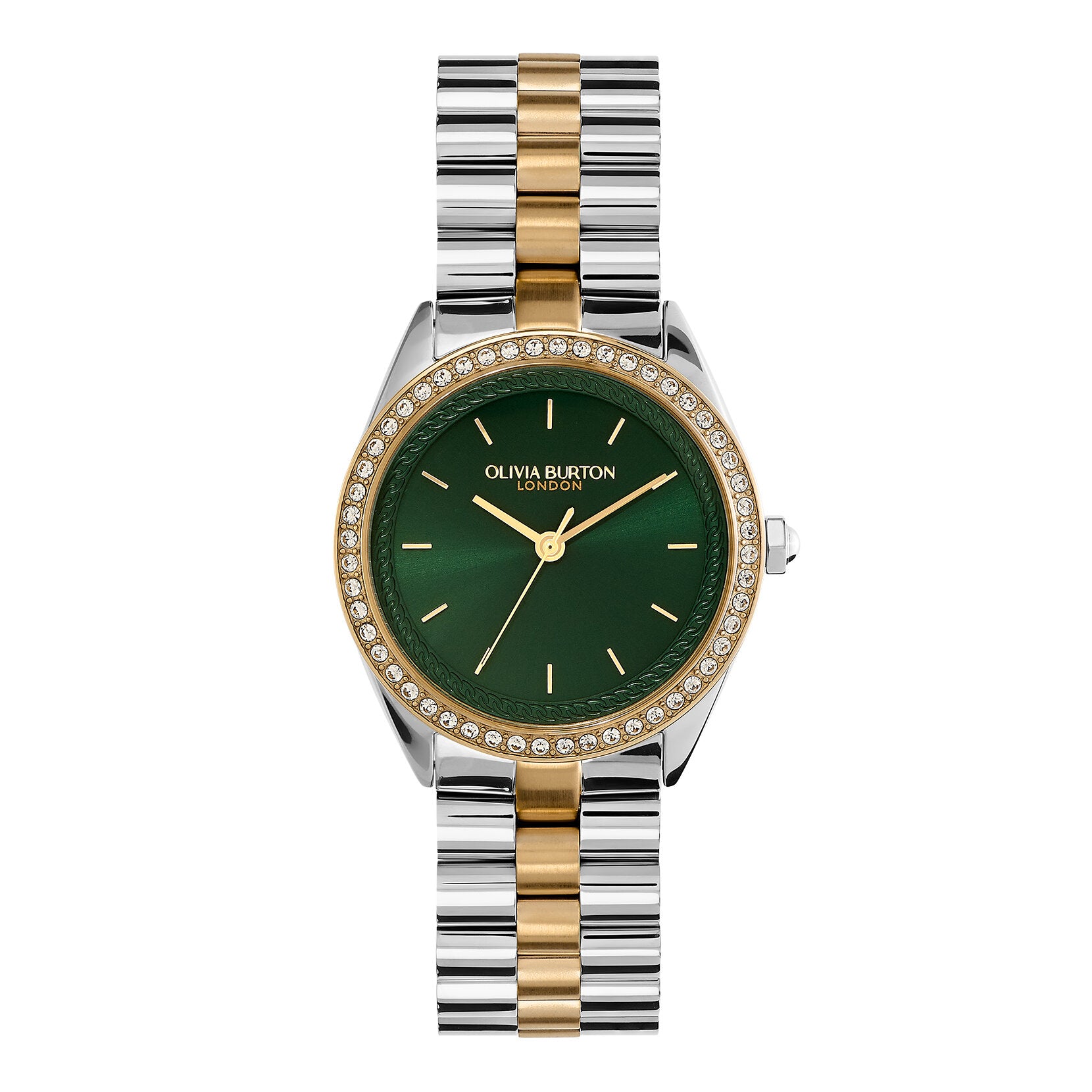 Olivia Burton Sports Luxe 34mm Bejewelled Forest Green & Two Tone Bracelet Watch