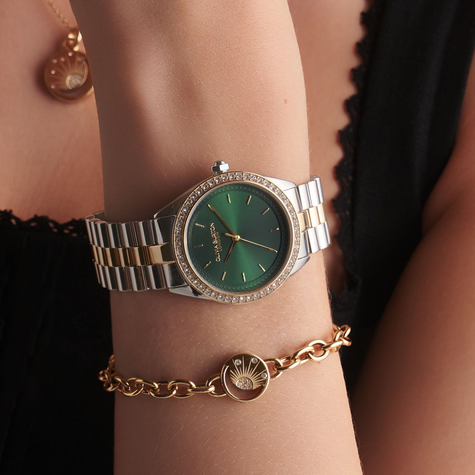 Olivia Burton Sports Luxe 34mm Bejewelled Forest Green & Two Tone Bracelet Watch