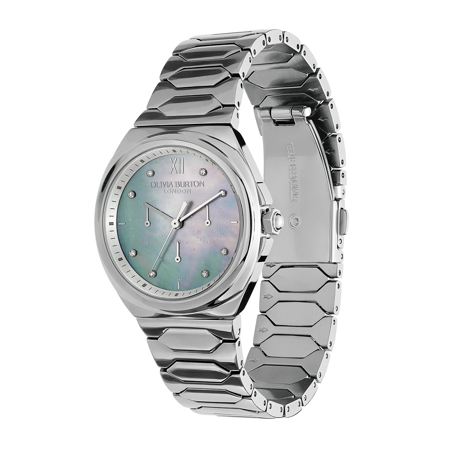 Olivia Burton Sports Luxe 36mm Lustre Multi-Function Light Grey & Silver Bracelet Watch