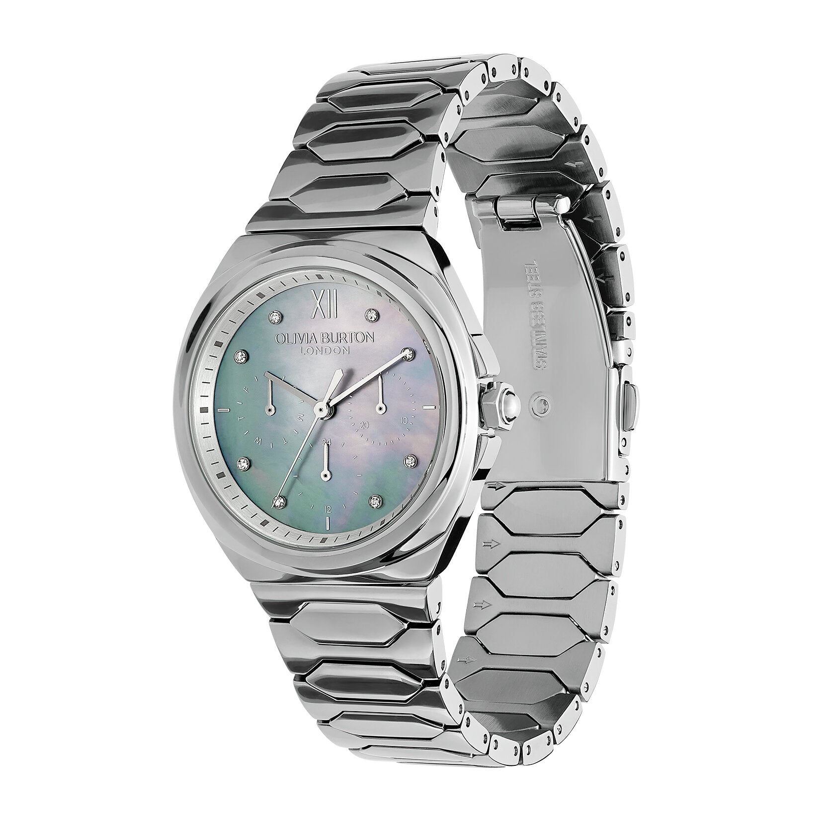 Olivia Burton Sports Luxe 36mm Lustre Multi-Function Light Grey & Silver Bracelet Watch