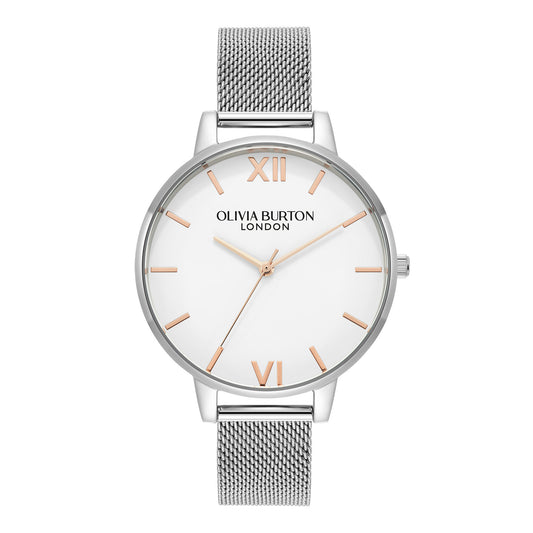 Olivia Burton Classic 38mm White & Silver Mesh Watch