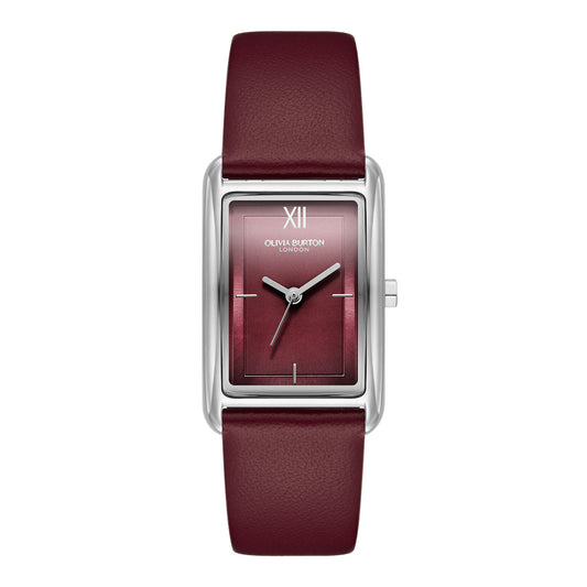 Olivia Burton Classic 23mm Grove Silver & Cranberry Leather Strap Watch