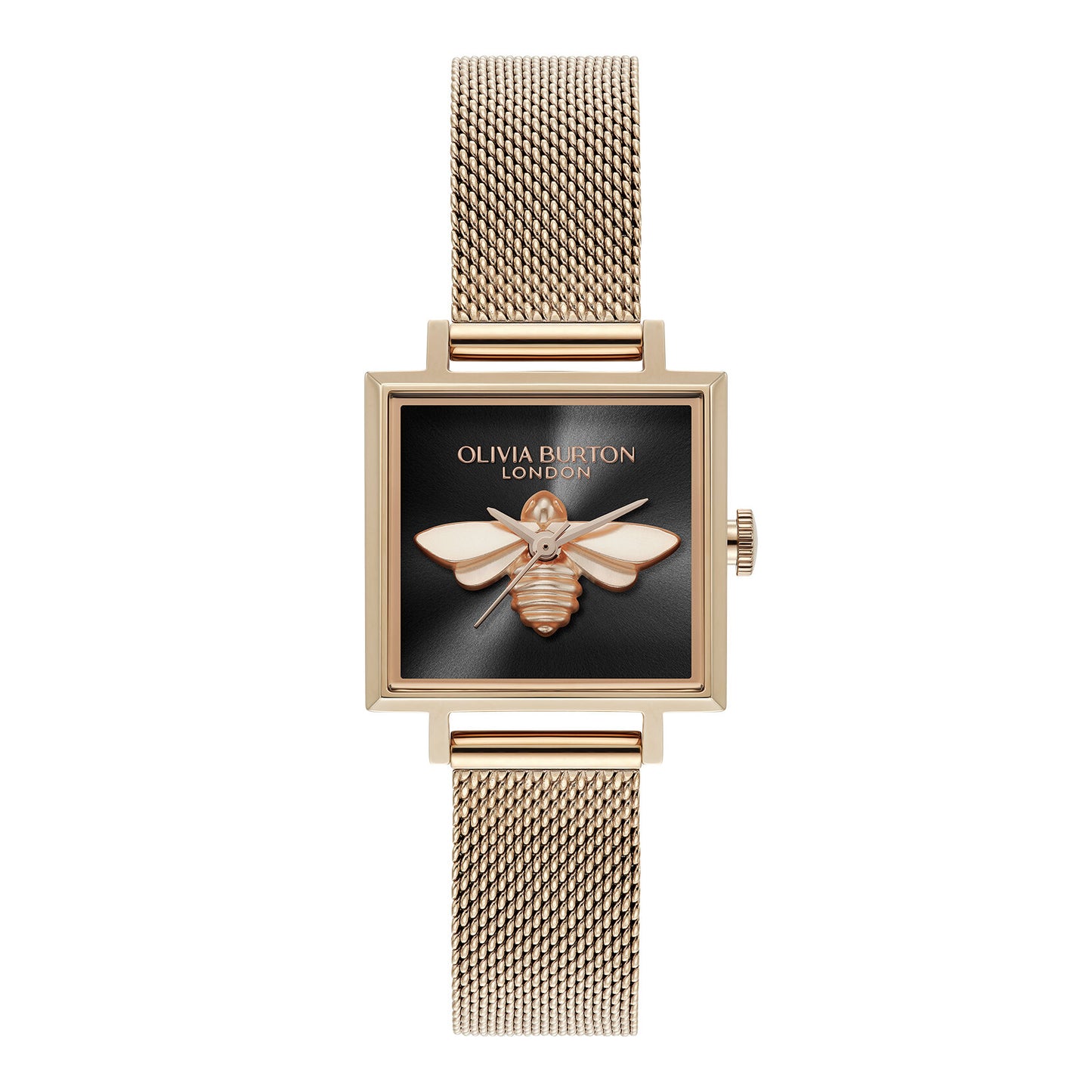 Olivia Burton Signature 23mm Lucky Bee Black & Rose Gold Mesh Watch