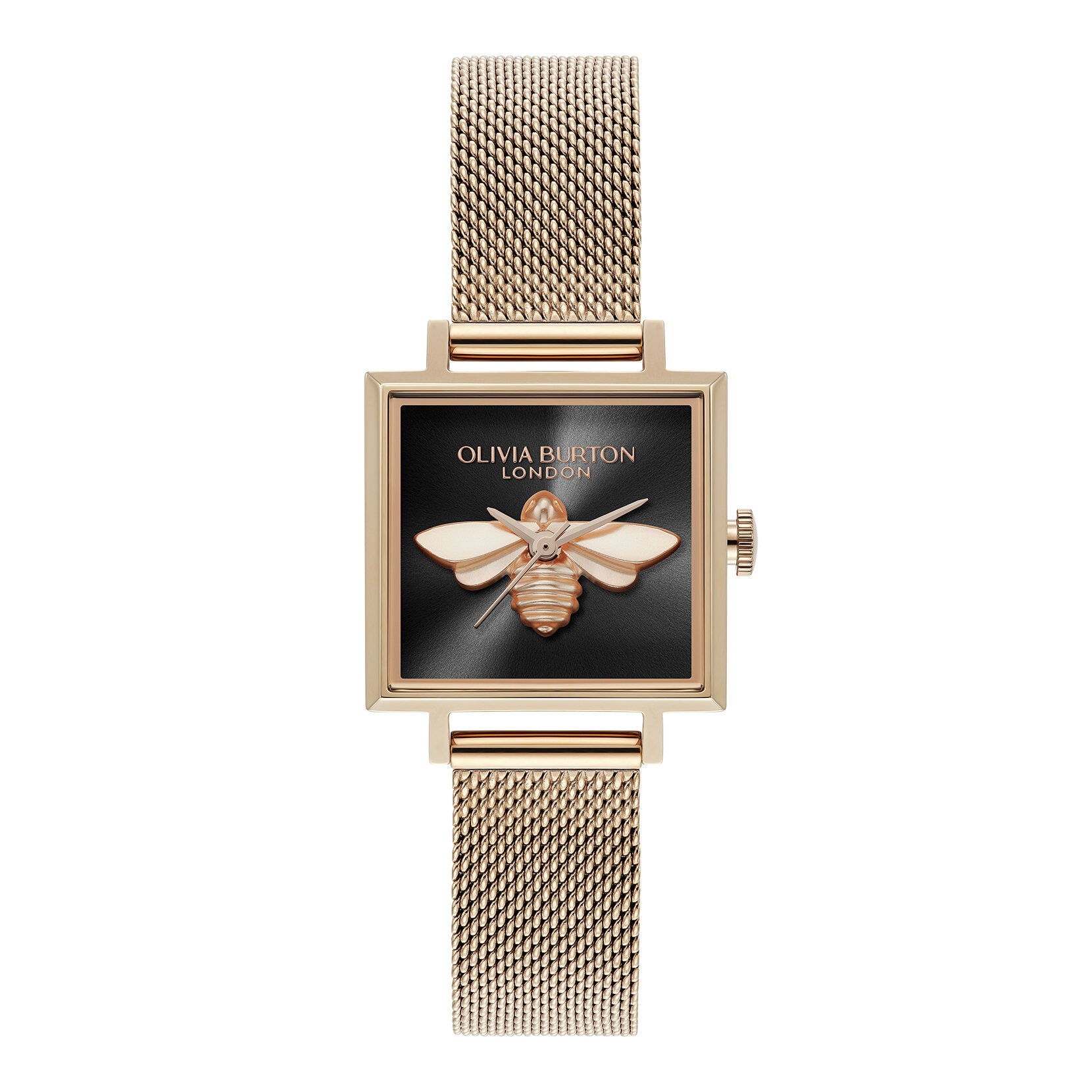 Olivia Burton Signature 23mm Lucky Bee Black & Rose Gold Mesh Watch