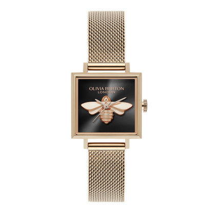 Olivia Burton Signature 23mm Lucky Bee Black & Rose Gold Mesh Watch