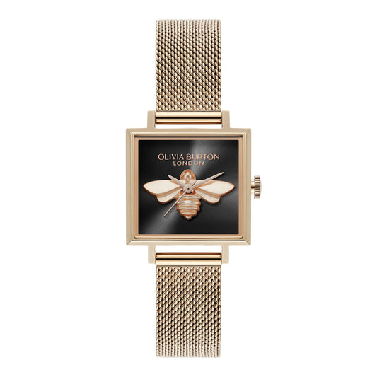 Olivia Burton Signature 23mm Lucky Bee Black & Rose Gold Mesh Watch