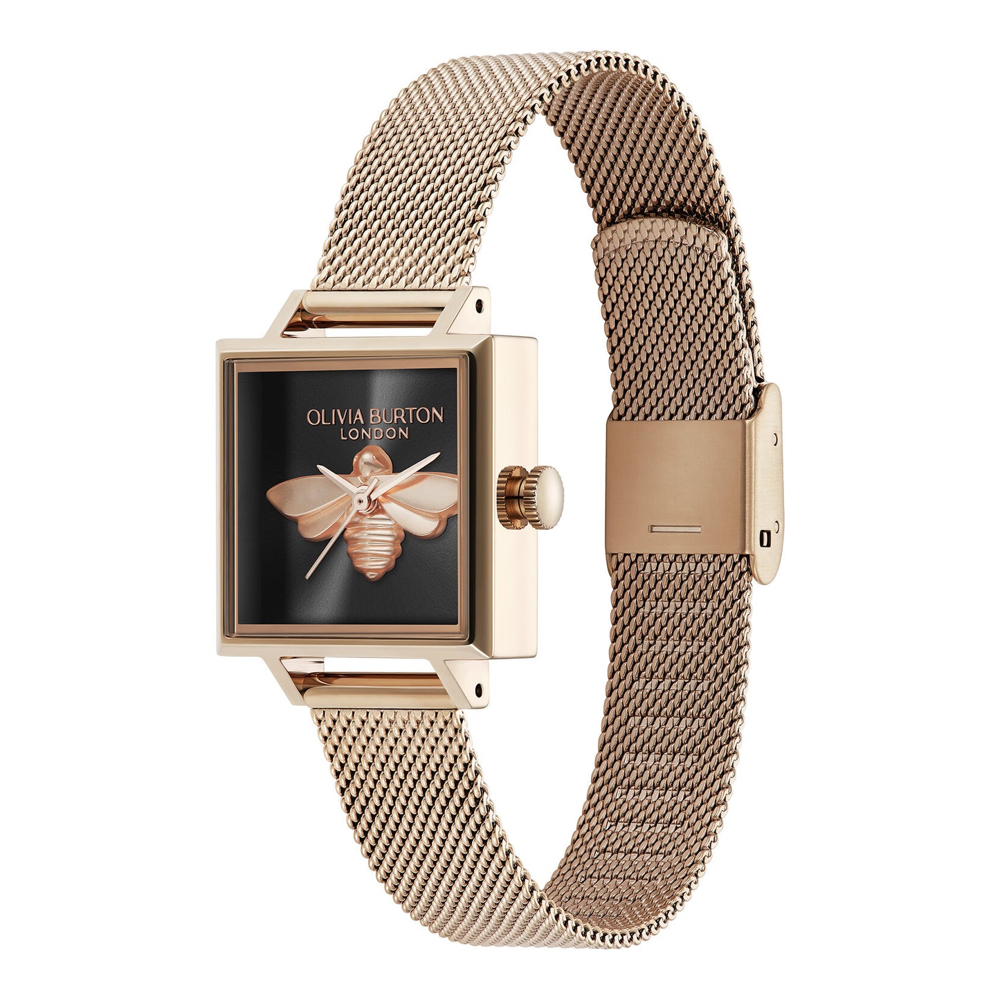 Olivia Burton Signature 23mm Lucky Bee Black & Rose Gold Mesh Watch