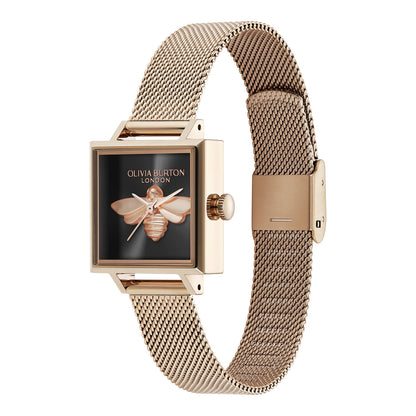 Olivia Burton Signature 23mm Lucky Bee Black & Rose Gold Mesh Watch