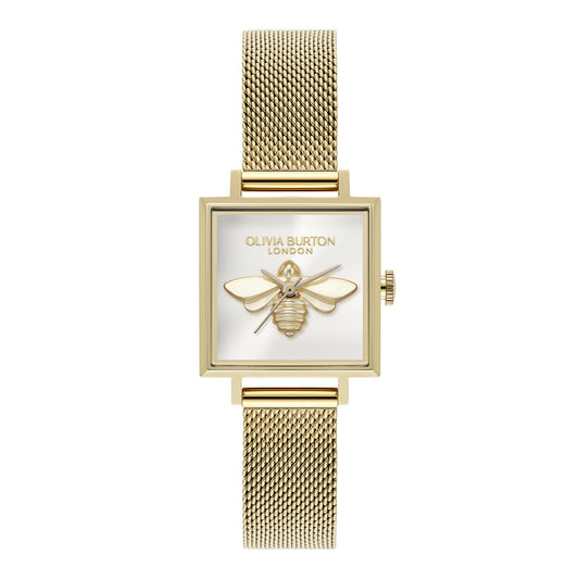 Olivia Burton Signature 23mm Lucky Bee White & Gold Mesh Watch