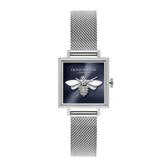 Olivia Burton Signature 23mm Lucky Bee Blue & Silver Mesh Watch
