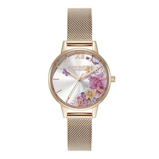 Olivia Burton Signature 30mm Illustrated Florals Rose Gold Mesh Watch
