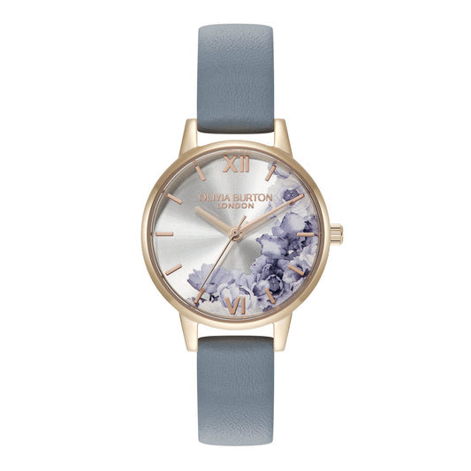 Olivia Burton Signature 30mm Illustrated Florals Rose Gold & Chalk Blue Leather Strap Watch